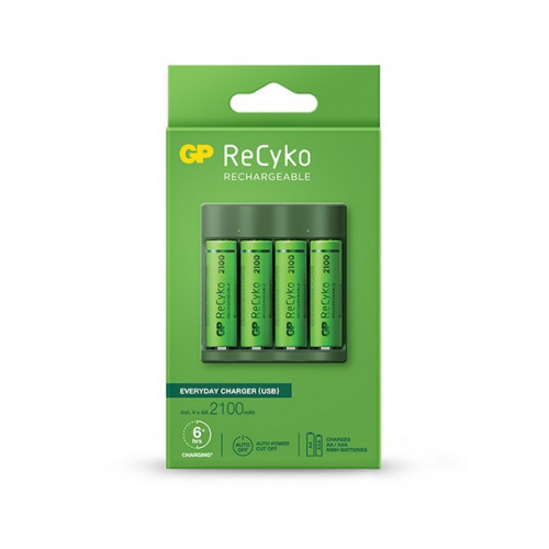 Cargador GP ReCyko USB con 4 Baterías Recargables AA NiMH 2100 mAh