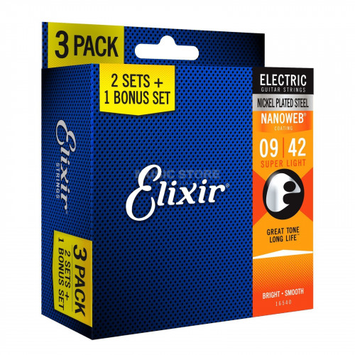 Cuerda Elixir Strings 16540 Nanoweb Electric Guitar Strings - .009-.042 Super Light 3-pack